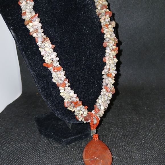 Vintage Handmade Abalone Coral Beaded Statement Necklace ,jasper pendant. 24 in - Picture 2 of 10
